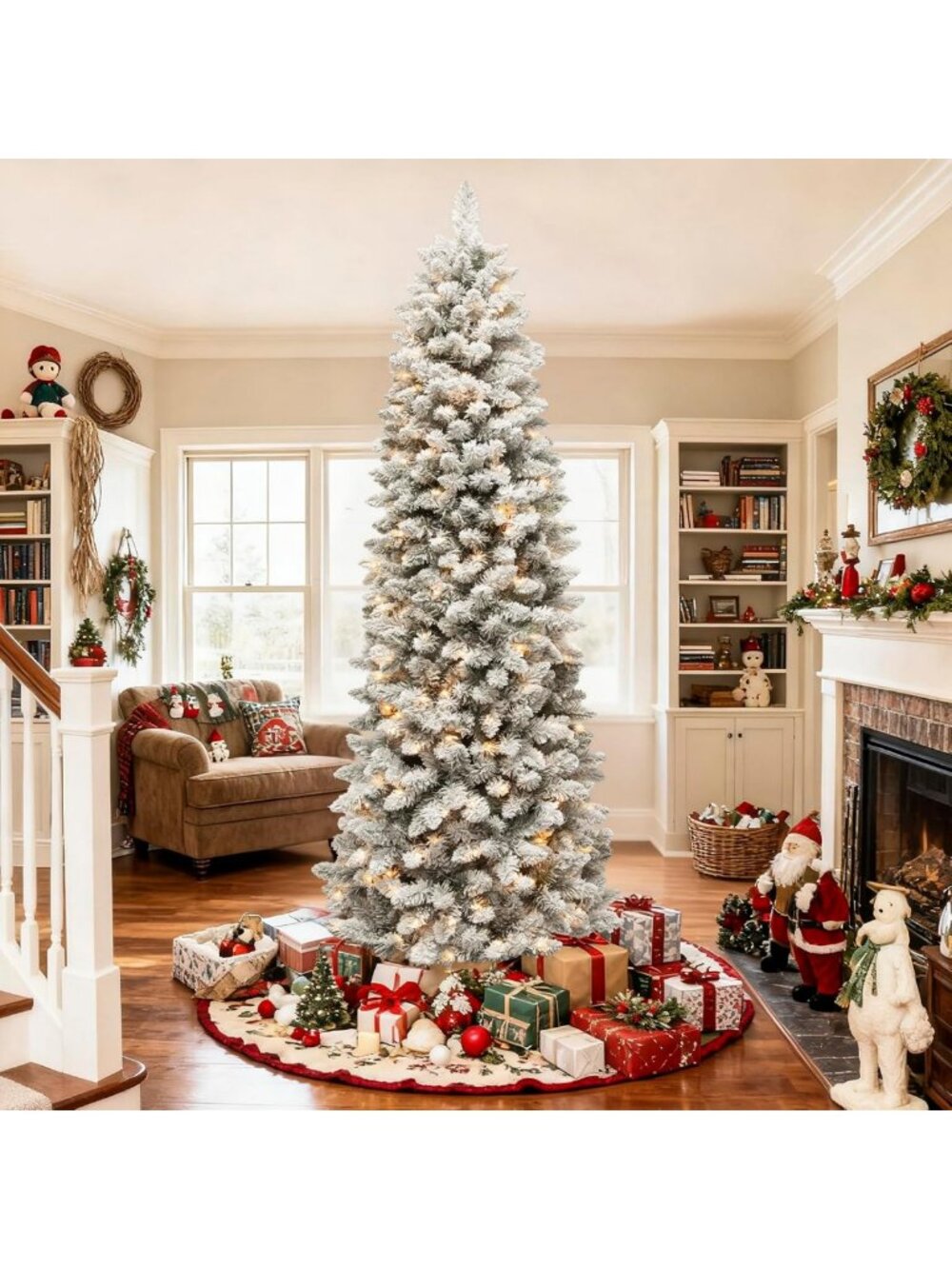 Hykolity 7.5ft Prelit Slim Flocked Christmas Tree with 240 Multicolor LEDs